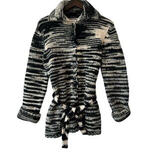 Jones New York Wool Button Front Black White Striped Belted Cardigan Cozy Sz M
